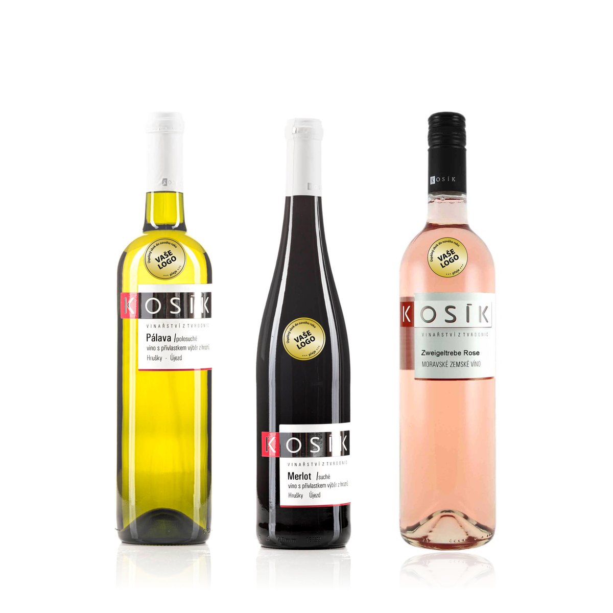 Lahve Pálava, Merlot a Zweigeltrebe rosé z vinařství Kosík se zlatou samolepkou s logem firmy